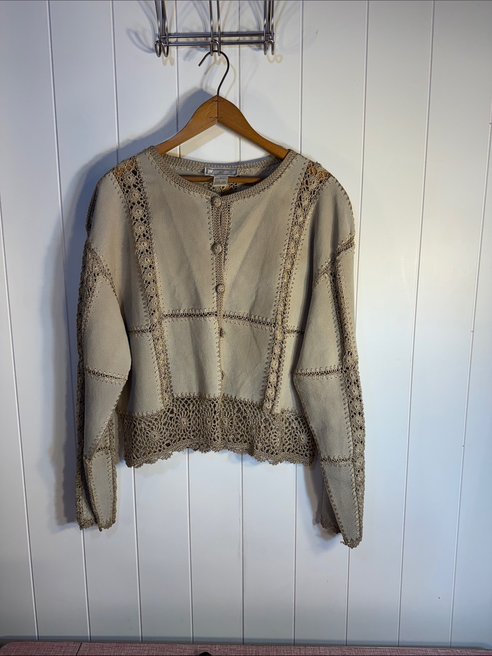 Women’s leather, Crocheted Panel Crewneck cardigan/ jacket - Taupe